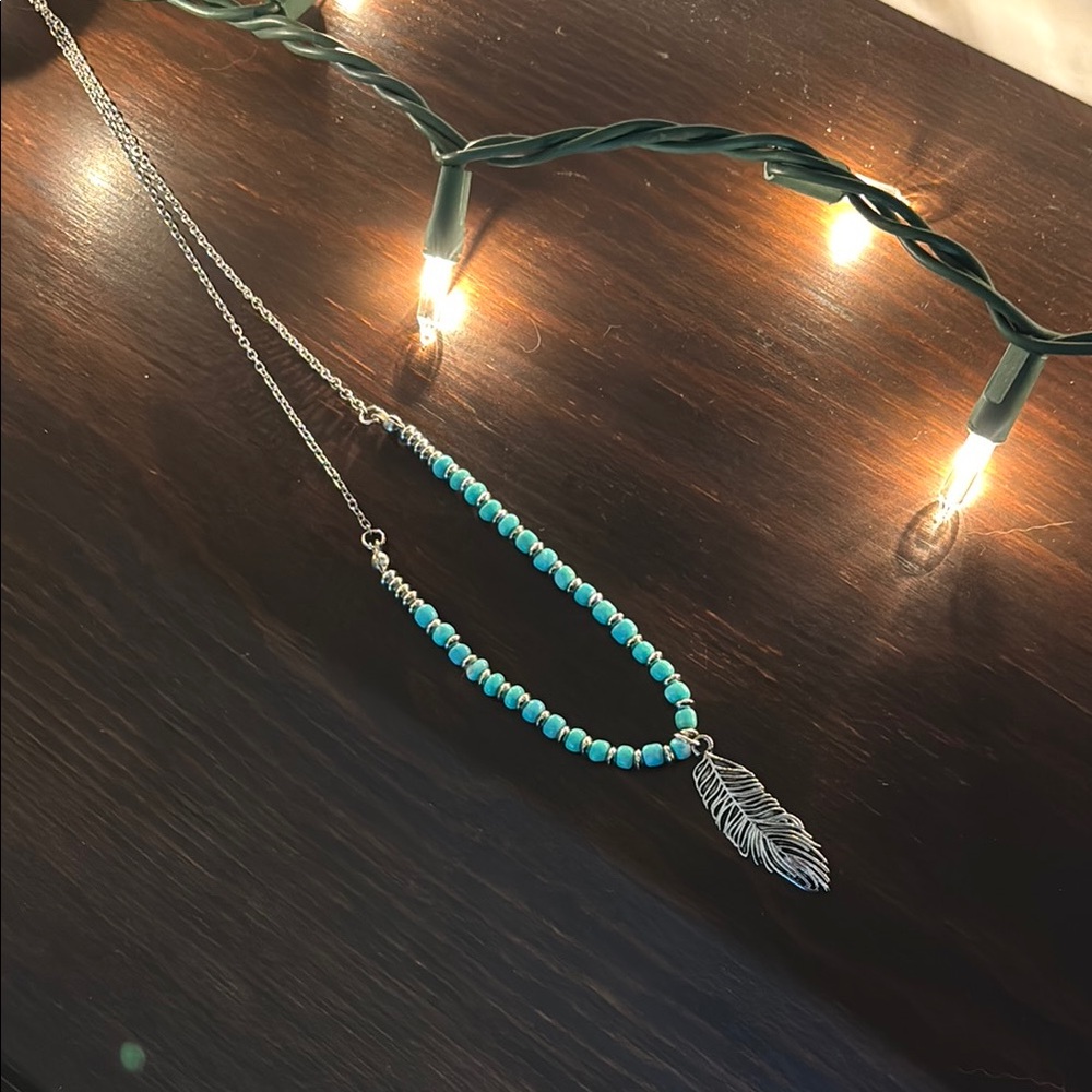 Silver and Turquoise Beaded Feather Necklace